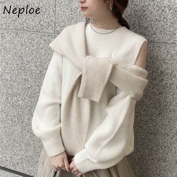 

neploe japan style autumn fashion sweet sweaters shoulder strapless knitted puff sleeve fake two piece pullover 201128, White;black