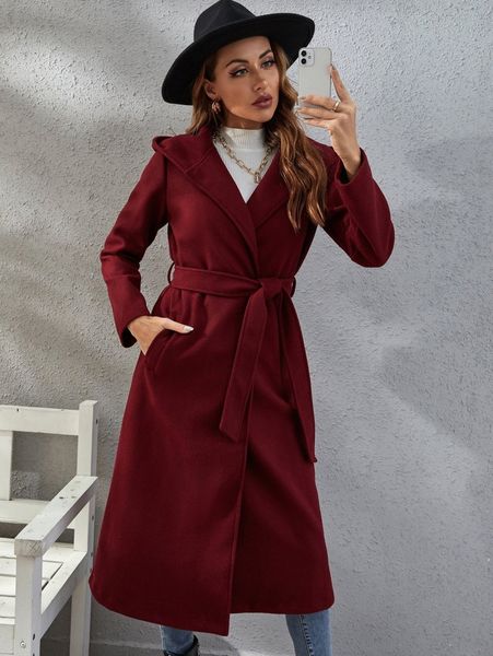 

solid hooded belted longline overcoat 63vh#, Black