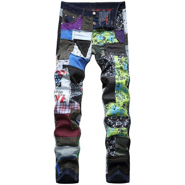 

jeans denim plus size men's trendy brand straight slim cool hip hop colorful cloth stitching washed brand pants, Blue