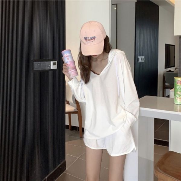

biwny fashion suit sweater sweater women's spring new loose hooded thin shorts simple solid color fashion waist shorts elastic 6, Gray