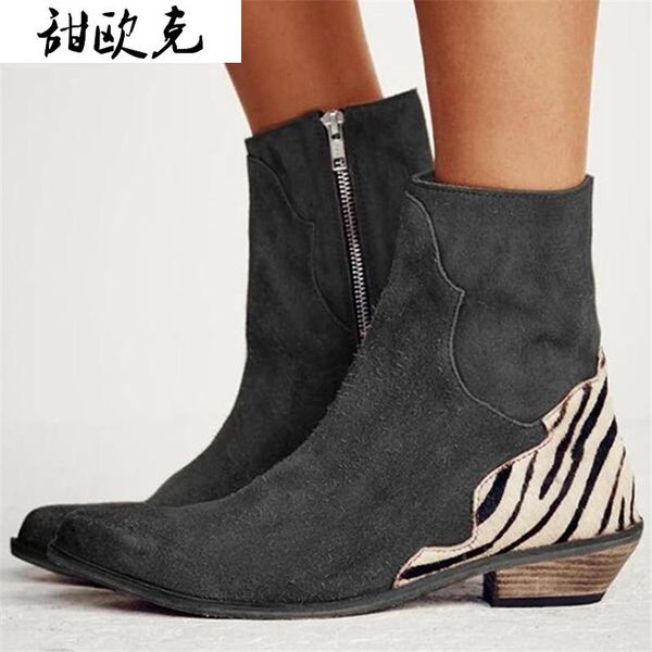 

2020 winter women ankle boots fashion women's boots retro zipper low heel women warm short plush leopard botas mujer, Black
