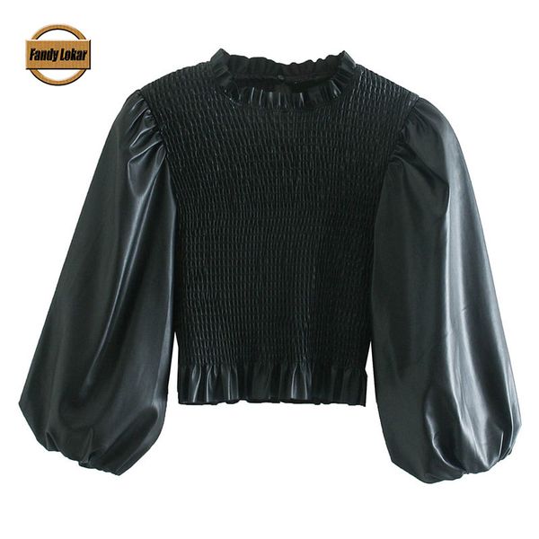 

fandy lokar o neck pu leather tshirts women fashion ruffles fold short women elegant half sleeve tees female ladies iv, White