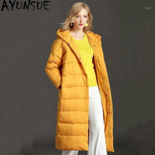 

ayunsue 2020 women's down jacket hooded winter white duck down coat women plus size korean long overcoat puffer jackets ly-00161, Black