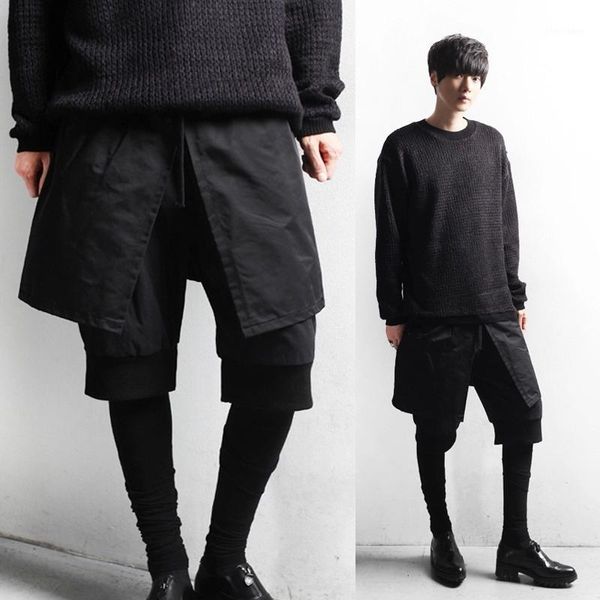 

men's pants avant garde design men's trendy personality culottes hairstylist fake three pieces trousers skinny layered pencil pant, Black