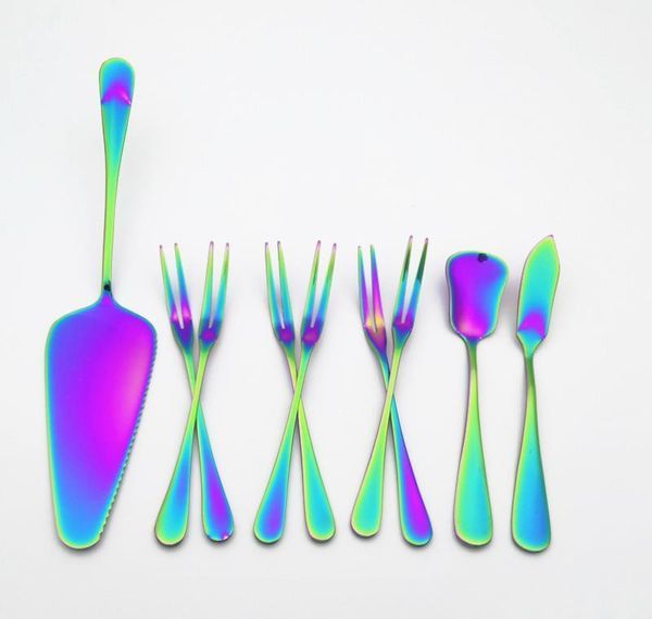 

stainless steel fruit forks rainbow butter knife tableware set cake knife dessert fork dinnerware set 9pcs/set sqcizcf