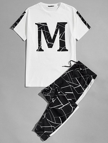 

men geo letter graphic & striped side joggers set x1qy#, Gray