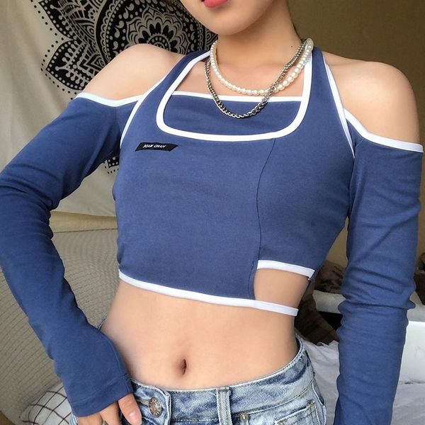

ir7xs 2020 women's autumn new t color hanging neck shoulder navel sleeve long exposed 2020 women's autumn new solid color hanging, White