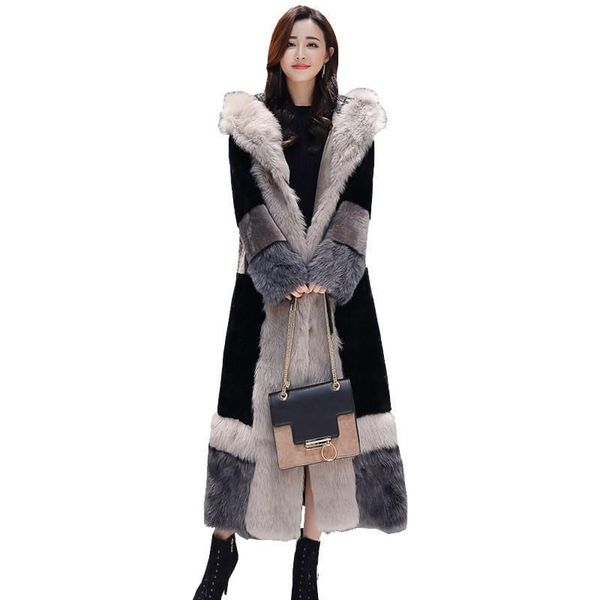 

women's fur & faux winter velvet thick style korean loose and slim, long coat leather in one, Black