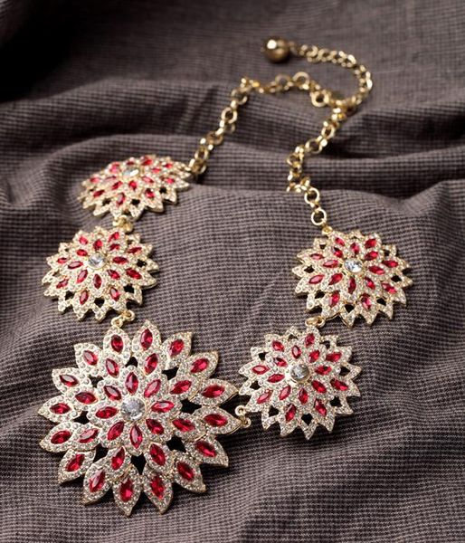 

gold color alloy elegant mini stone red flower choker necklace, Golden;silver