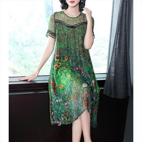 

vintage peacock green silk dress floral print summer dresses plus size  3xl gown lace stitching short sleeve robes, Black;gray
