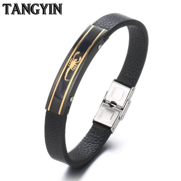 

charm bracelets tangyin black punk stainless steel leather bracelet for men jewelry gold scorpion gecko fishbone shape vintage couple, Golden;silver