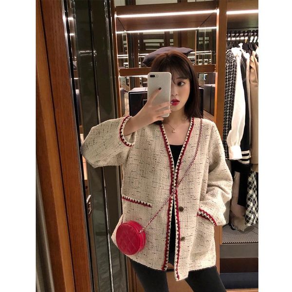 

fashion 2020 autumn small fragrance women coat new retro v-neck tweed loose vintage elegant jacket outwear for female, Black;brown