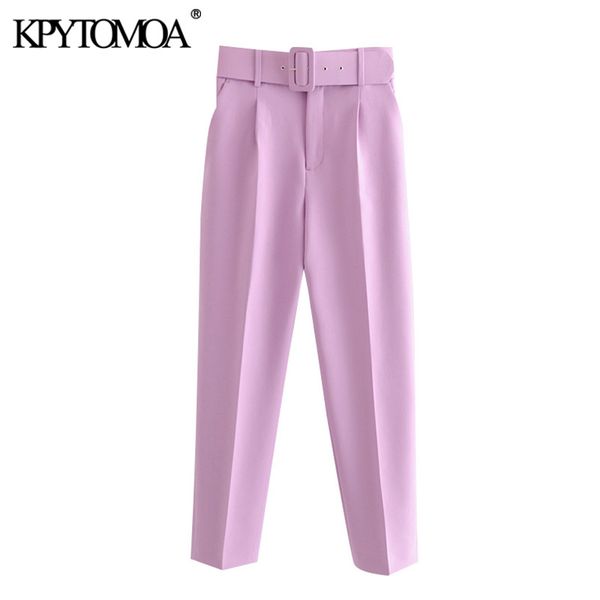 

kpytomoa women 2020 chic fashion high waist with belt pants vintage zipper fly pockets office wear female ankle trousers mujer 1017, Black;white