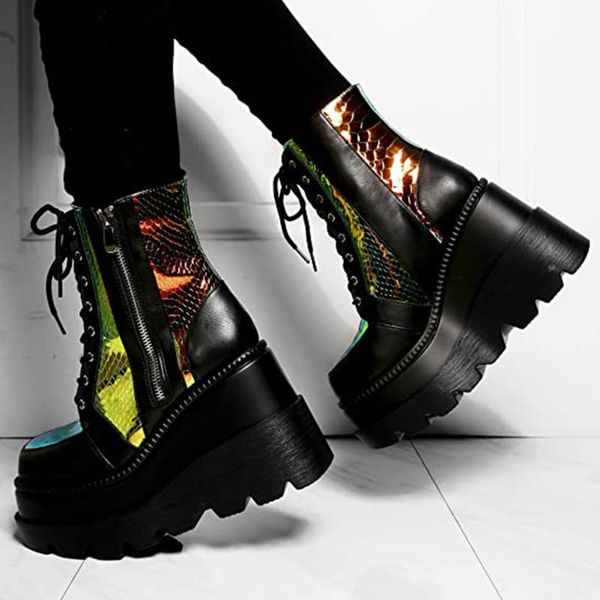 

boots fanyuan winter platform female fashion ladies colorful wedges ankle women brand zipper luxury shoes woman, Black
