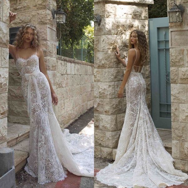 

berta 2021 wedding dresses spaghetti straps lace appliques mermaid bridal gowns custom made backless sweep train wedding dress, White