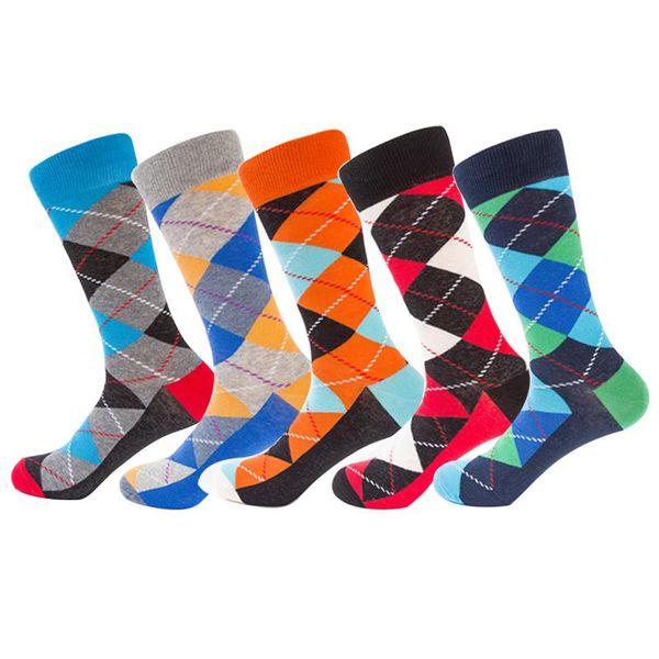 

fashion socks for men geometric grid crew socks spring autumn breathable male cotton business long, Black