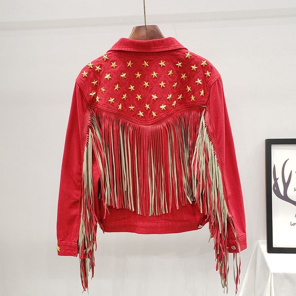 

deat autumn winter long sleeve turn down collar rivet tassel red denim jacket women coat streetwear mk007 201019, Black;brown