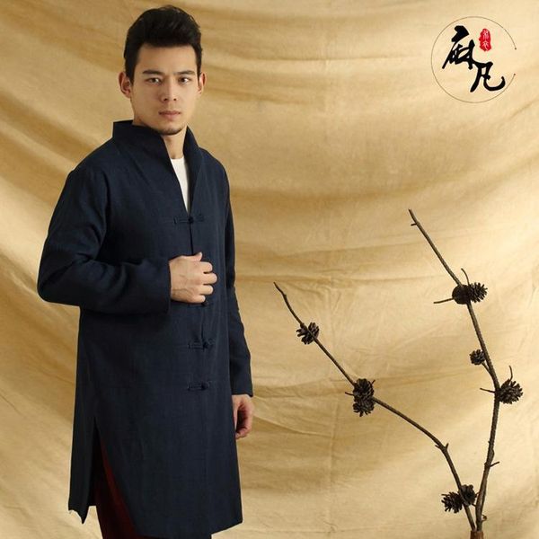 

ma fan bu yi 2019 spring and autumn new style fashion man ethnic-style stand collar loose-fit slit-medium length frog trench coa1, Tan;black