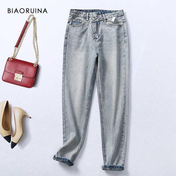 

biaoruina women's retro design high waist single button washing loose denim jeans bleached casual pencil jeans for women1, Blue