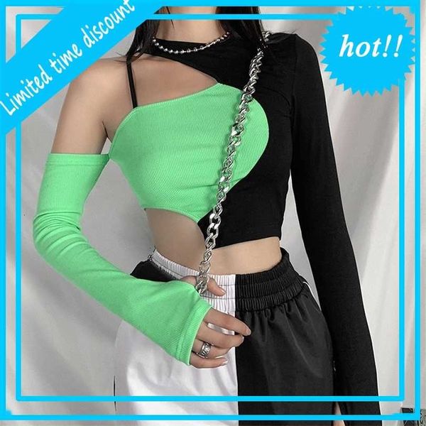 

women's clothing autumn and winter 2021 new slim contrast irregular slant shoulder long sleeve t-shirt for women, White
