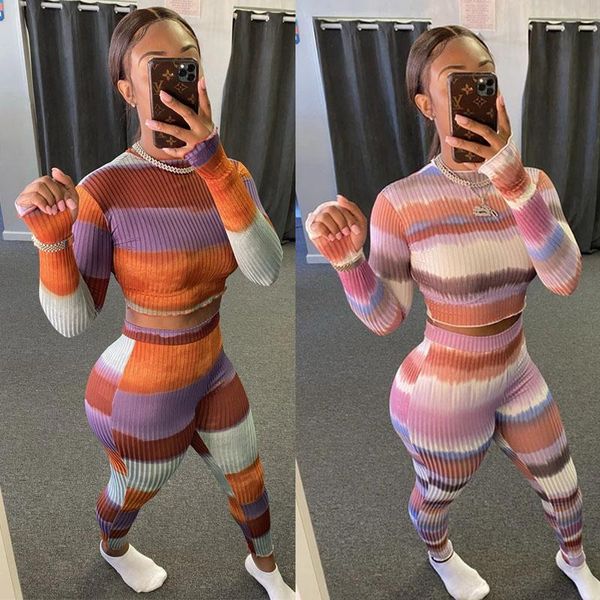 

gym clothing women knit sportswear set 2pcs casual outfit long sleeve stripe crop legging pant tracksuit for ladies female autumn, White;black