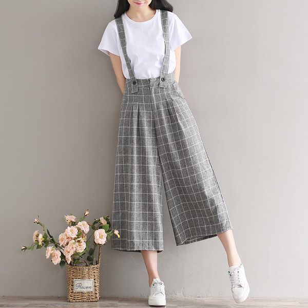 

#1516 summer lattice wide leg pants school high waist vintage harajuku rompers womens jumpsuit large size overalls for women, Black;white