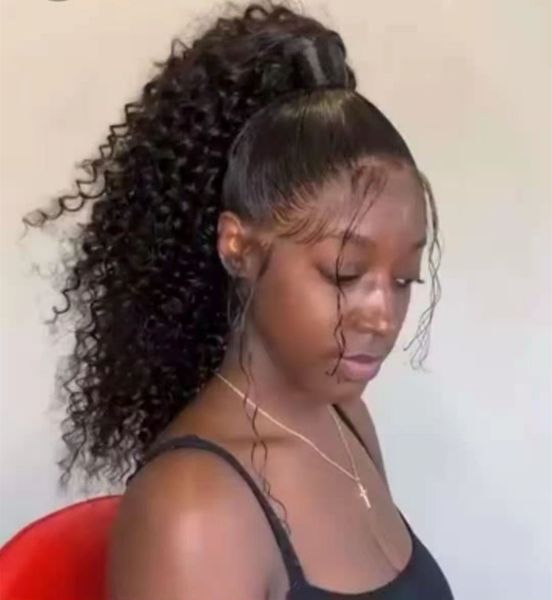 

one bundle for nice kinky curly drawstring ponytail two combs large cap soft natural black 100% human hair pony tail for black women
