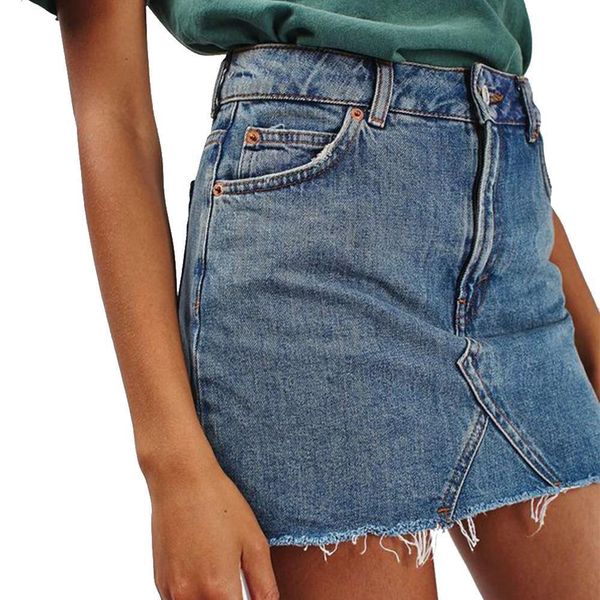 

women summer black blue solid casual high waist denim skirts summer high street pockets button all-matched jeans skirt
