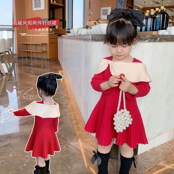 

girls' french fake two piece square collar pleated skirt, Red;yellow