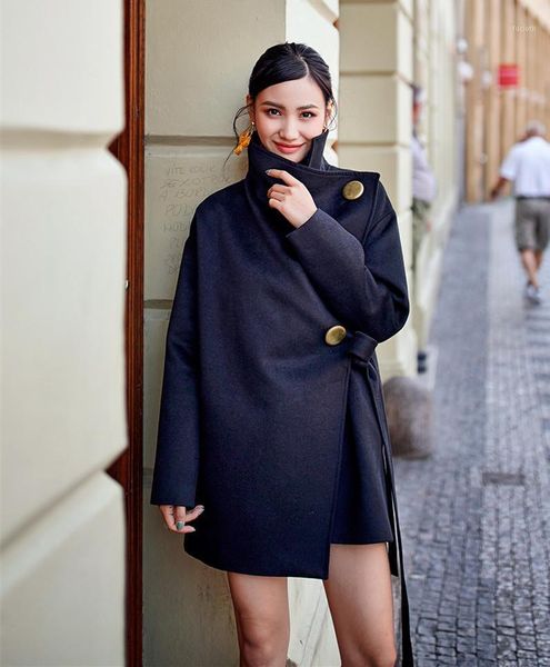 

new arrival 2020 women wool coat thick woolen outerwear black fashion single-breasted asymmetrical coat girls wool outerwear1