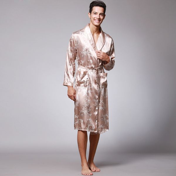 

men silk summer and autumn satin kimono bathrobe golden dragon knee length long sleeve black bath robe dressing gown sleepwear 201102, Black;brown