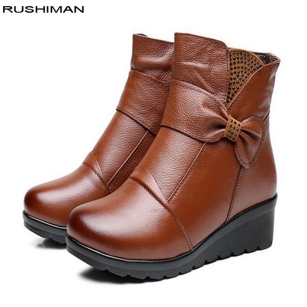 

rushiman fashion winter shoes women's genuine leather ankle boots casual comfortable warm woman snow boots flat, Black