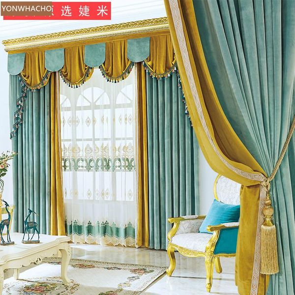 

custom curtains simple thick velvet stitching blue yellow cloth blackout curtain tulle valance drape b660
