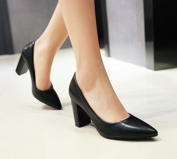 

simple and versatile shallow mouth slip-on simple ladies high heels black leather pointed toe women's work business shoes#