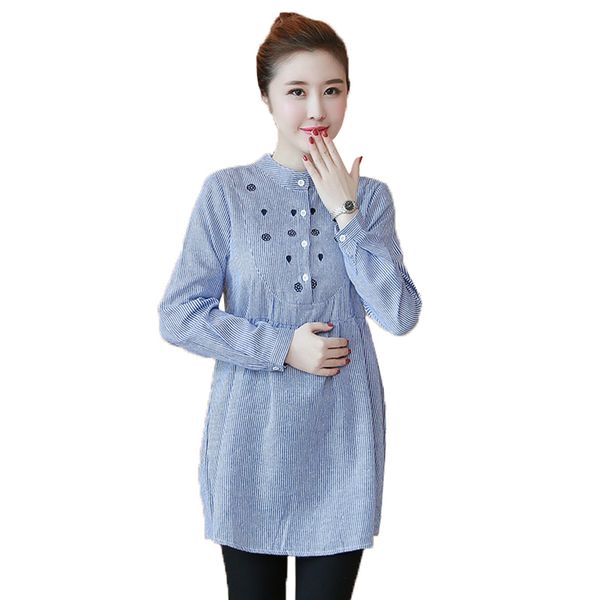 

autumn maternity shirts summer blouse clothes for pregnant women waist pleated embroidery cotton shirts pregnancy clothes lj201120, White