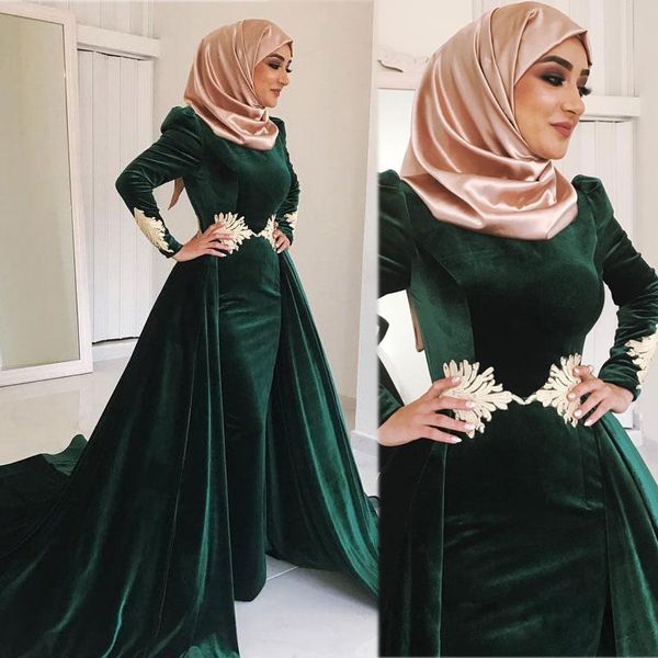 

hunter green velvet muslim evening dresses high neck appliqued plus size prom gowns long sleeves vestidos de fiesta overskirt formal dress, Black
