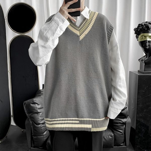 

autumn winter ins t-shirt sweater men's korean fashion couple loose v-neck sleeveless vest, Black