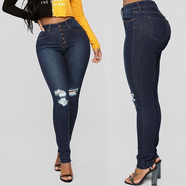 

2020 streetwear single-breasted denim vintage mid waist skinny fashion for women hole vintage girls denim pencil pants1, Blue
