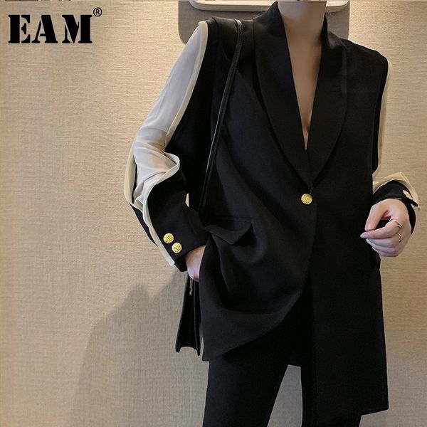 

[eam] new spring autumn lapel long sleeve hit color split joint loose temperament jacket women coat fashion tide ju298 201017, Black;brown