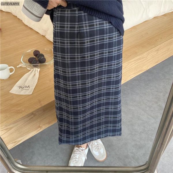 

skirts 2021 autumn winter women vintage thick midi high waist long pencil plaid skirt 1619, Black