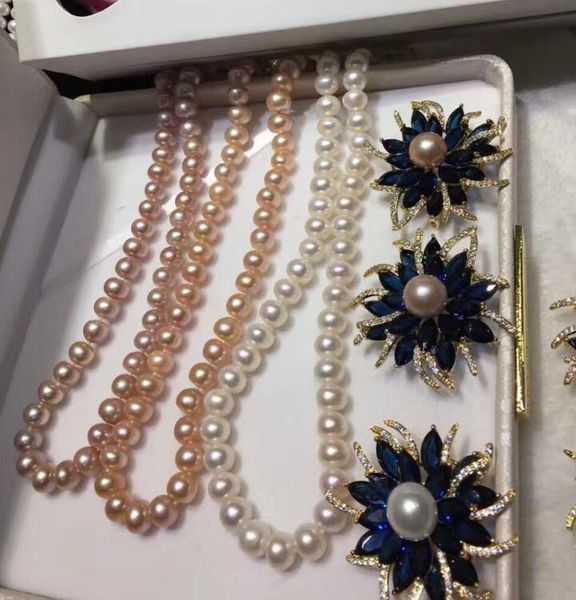 

fashion 8-9mm natural freshwater pearl necklace 12-13mnm brooch jewelry set, Silver