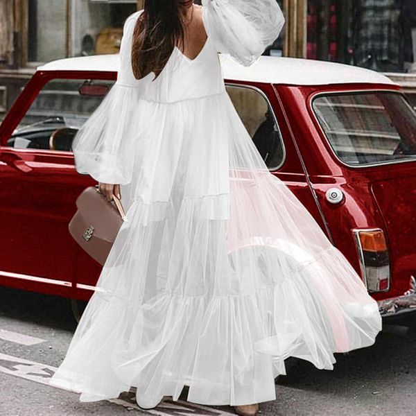 

casual dresses vonda plus size lace dress 2021 autumn summer sundress v-neck high waist lantern long sleeve white maxi vestido, Black;gray