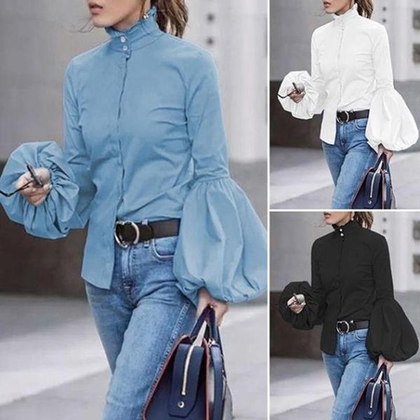 

2021 autumn women loose casual shirt blouse blue white black office women long sleeves blouse