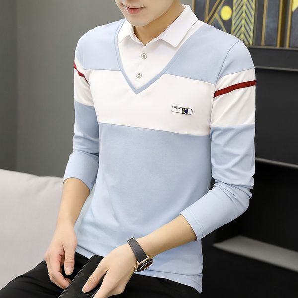 

two t-shirts for coat t-shirt autumn and winter 2020 men's long sleeve lapel korean youth collar posmv, Blue