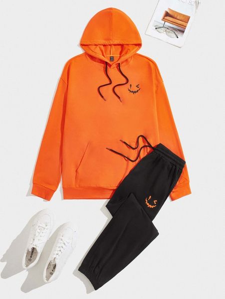 

men neon orange cartoon graphic hoodie and sweatpants set f82m#, Gray