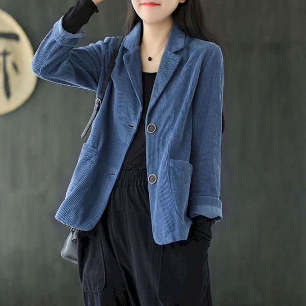 

women's jackets corduroy suit collar solid color short jacket female autumn long-sleeved pocket literary retro casual coat women, Black;brown