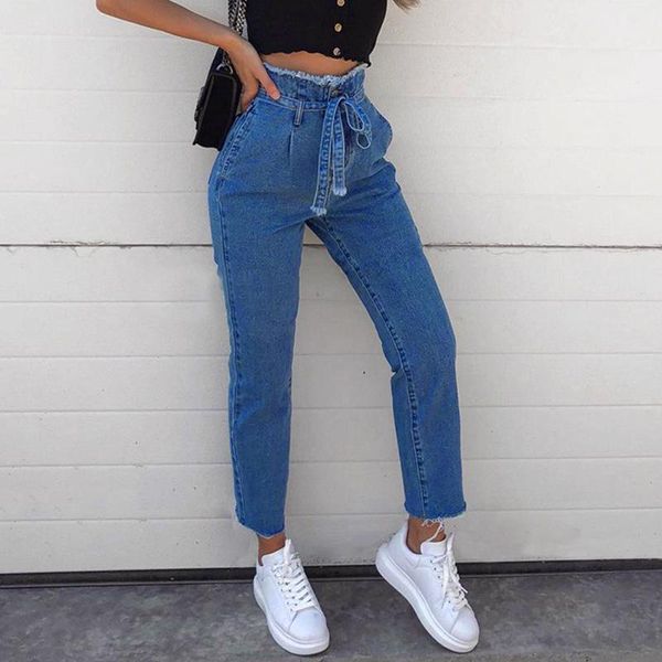 

2020 new women lady jeans pencil pants denim high waist belt fashion slim female trouser jeans women clothing pantalones mujer1, Blue