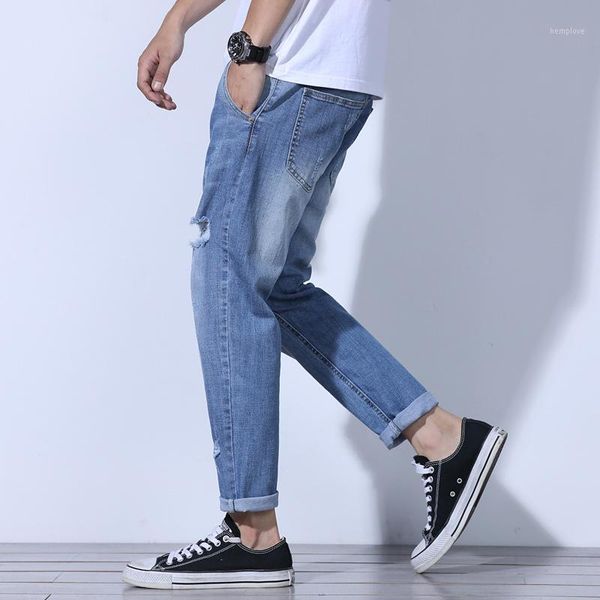 

jeans men's summer new capri hole pants stretch harem pants loose thin jeans1, Blue