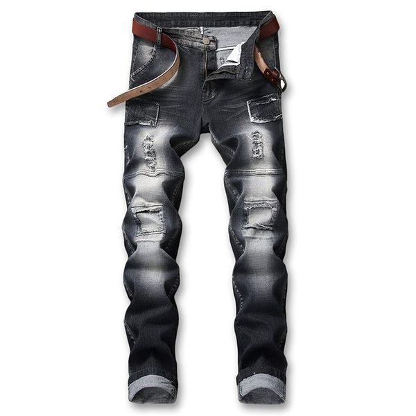 

2d men's jeans straight tube stretch hole retro beggar trousers new european and american cross-border men, Blue