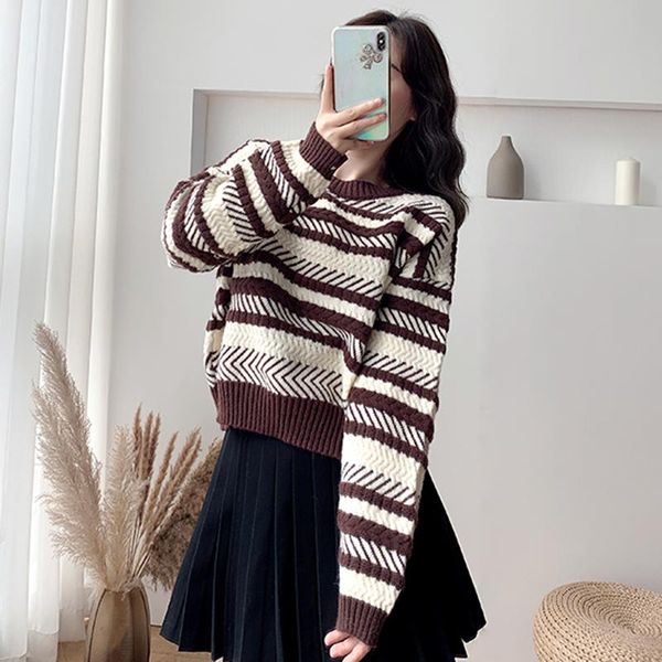 

aossviao women geometric khaki knitted sweater women casual stripe lady pullover sweater female autumn winter retro jumper 2020 bbygbp, White;black